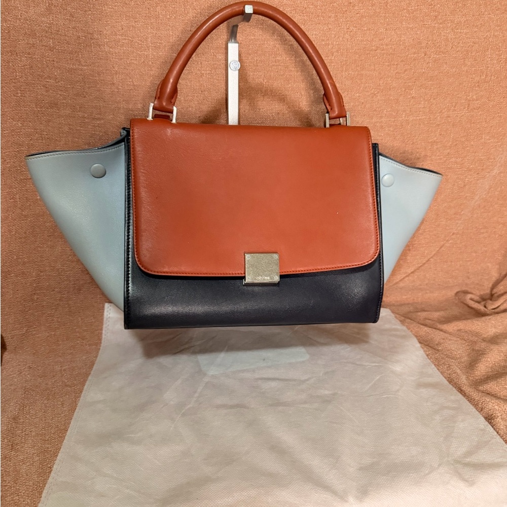 CELINE Trapeze Small Leather 2way Shoulder Bag Sky Blue& Navy & Brown